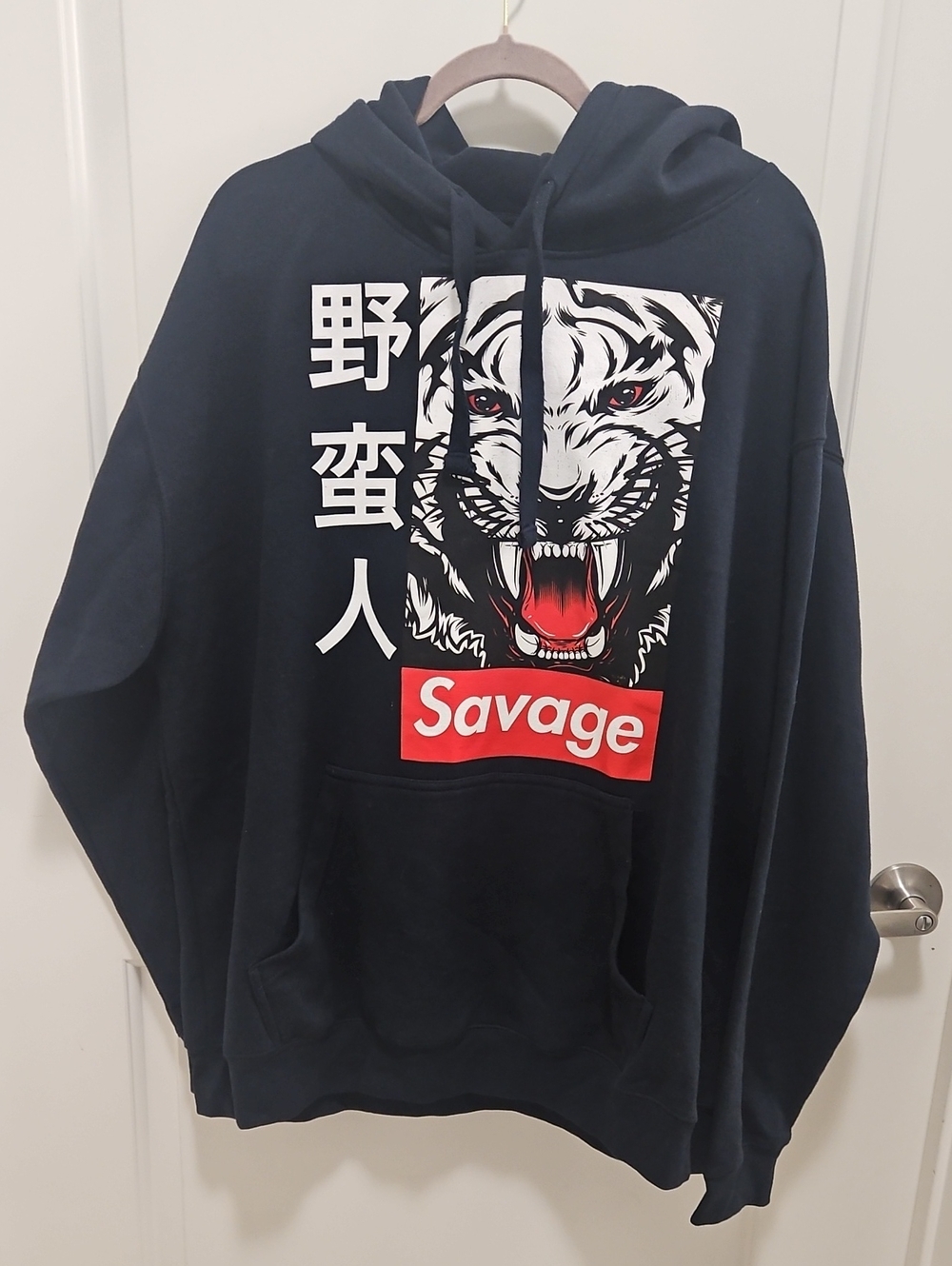 Black "Savage" Graphic Hoodie with Tiger Print Long Hooded Sweater
